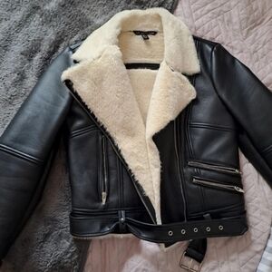 Zara Black Aviator Shearling Leather Jacket with White Fur Lining
